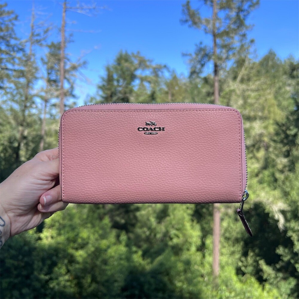 COACH Long Zip-Around Wallet Pink Pebble Leather with Silver Hardware AUTHENTIC